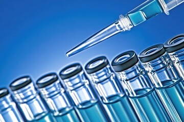 Close-up of blue test tubes with glass vials filled with liquid, eyedropper pouring light blue fluid
