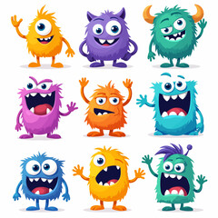 Fototapeta premium Cute and Kawaii monster icon set. Collection of cute hand drawn cartoon monster in different playful characters. Funny devil, alien, demon and creature flat. Design for kids, comic, education.