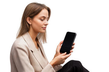 Woman holding smartphone while sitting and looking at screen in modern business casual attire on transparent background