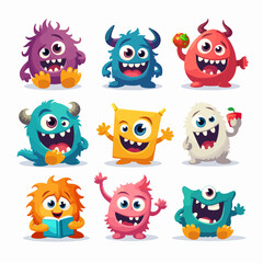 Abstract little Monsters or fantastic animals. Various quirky funny creatures. Cartoon childish style. Cute characters. Colorful hand drawn Vector illustration. Isolated design elements