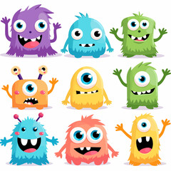 Set of sixteen color stickers with cute monsters. Cartoon illustration. Vector set