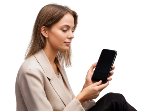 Woman holding smartphone while sitting and looking at screen in modern business casual attire on transparent background
