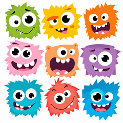 Cute colorful cartoon monsters with one eye, three eyes, horns, tentacles, funny expressions, isolated characters set for kids, games, Halloween, vector illustration