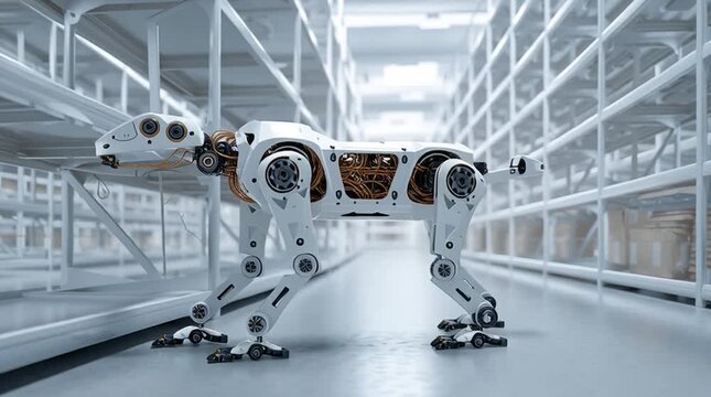 Robot dog explores modern warehouse environment with advanced technology and design features