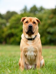 Playful dog posing in green field outdoor pet photography nature captivating animal portrait