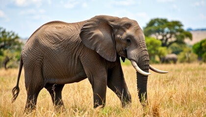Fototapeta premium Majestic elephant walking in savanna serengeti national park wildlife photography natural habitat side view conservation awareness