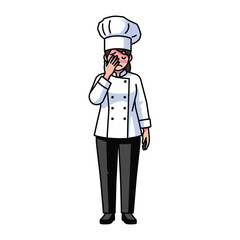 Overwhelmed Chef: A chef, clad in traditional attire, grapples with stress, hand covering face, conveying weariness, challenges, and pressures of demanding culinary world. 