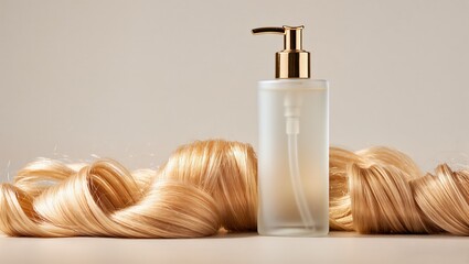 Naklejka premium an elegant shampoo bottle surrounded by curls of golden synthetic hair