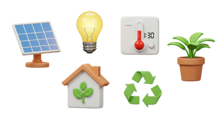 Cute 3D Renewable Energy & Eco-Friendly Lifestyle Icon Set: Solar Panel, Light Bulb, Thermostat, Green House, Recycle Symbol, and a Plant