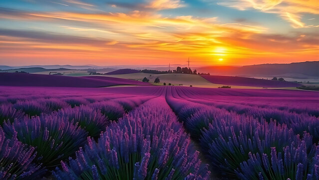 A breathtaking sunset over a rolling field of vibrant lavender. The warm glow of the sun paints the sky in hues of orange and blue, casting a magical light upon the serene landscape. AI-generated. - Powered by Adobe