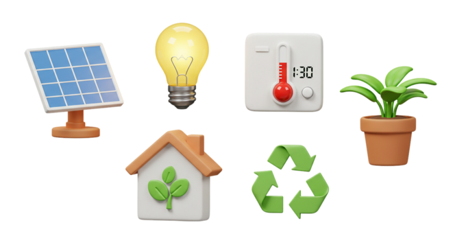 Cute 3D Renewable Energy & Eco-Friendly Lifestyle Icon Set: Solar Panel, Light Bulb, Thermostat, Green House, Recycle Symbol, and a Plant