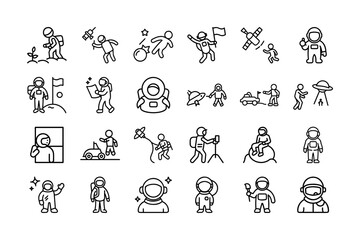 Astronaut Vector Icon Set. Space, Space Exploration, Astronaut, Spacewalk, Satellite, Rocket, UFO, Moon, Mars, Space ,Mission, Exploration, Alien, and more. Editable Stroke. Vector Illustration.
