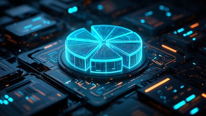 Futuristic glowing blue neon digital pie chart icon on a complex circuit board with glowing lights and intricate technological details representing data analysis and innovation