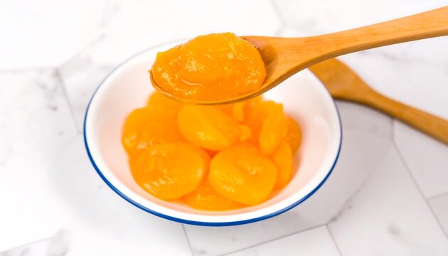 Preserved fruit pieces in a bowl, ready to be served.