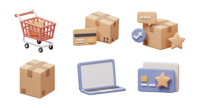 Cute 3D E-commerce and Online Shopping Icon Set: Shopping Cart with Box, Delivery Packages, Credit Cards, Laptop, and a Star with a Chat Bubble