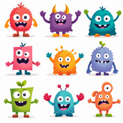 Set of cartoon monsters. Cute monster in flat style. Kids funny character design for posters, cards, magazins. Rainbow monsters. Vector illustration