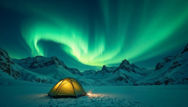 A Lone Tent Glows Under Vibrant Aurora Borealis In A Snowy Mountain Landscape At Night Isolated - Powered by Adobe