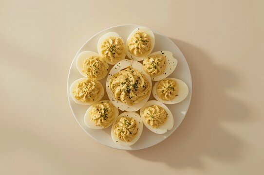 Deviled eggs plate, sunlit kitchen, appetizer