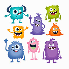 Set of watercolor cartoon funny cute monsters
