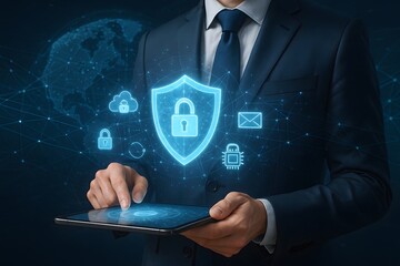 Businessman using a tablet to access digital security features, surrounded by abstract global network graphics.