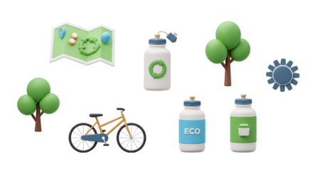Cute 3D Eco-Friendly & Sustainable Lifestyle Icon Set: Park Map, Green Trees, Bicycles, and Reusable Water Bottles with Eco Labels