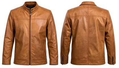 Tan leather jacket, front and back views
