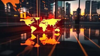 Digital world map data visualization in modern office with city skyline - Powered by Adobe