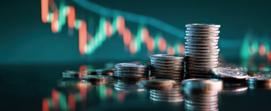 The coins stacked in front of a vibrant financial graph showing market trends.