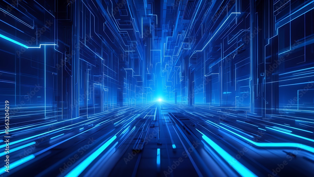 Poster abstract futuristic digital tunnel with glowing blue lines and data streams representing technology 