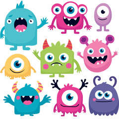 A vibrant collection of funny cartoon monster characters. Cute alien creature illustrations set on a white background, a set of cute monster character