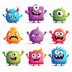 A vibrant collection of funny cartoon monster characters. Cute alien creature illustrations set on a white background, a set of cute monster character