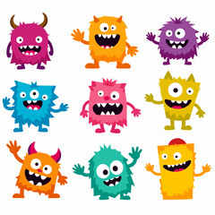 Set of colorful cartoon monsters with funny expressions, cute horns, fantasy design for kids, vector illustration