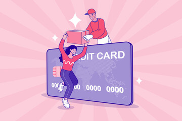 E-commerce concept with woman receiving a package from a delivery man, symbolizing credit card payment and home delivery.