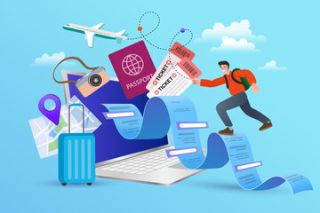 A creative concept of planning a vacation, this vector art features a happy tourist following his detailed itinerary from a booking website. Perfect for travel agencies and tourism topics.