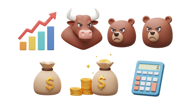  3D Financial & Stock Market Icon Set: Bull and Bear Icons, Growing Bar Chart, Money Bags, Gold Coins, and a Calculator