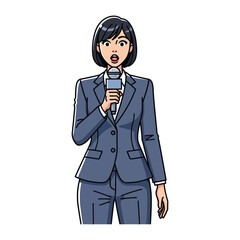 Obraz premium Media Announcement: A confident female reporter delivers breaking news through a microphone, dressed professionally in a stylish business suit against a clear background.