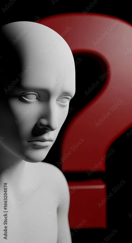 Poster white figure with a pensive expression, positioned against a large red question mark, symbolizing un