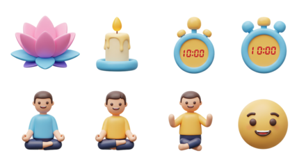  Cute 3D Yoga and Relaxation Icon Set: Lotus Flower, Dripping Wax Candle, Digital Timer, and Person in Meditation Poses