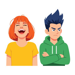 Contrasting Emotions: Depicting the duality of human experience, this illustrative portrayal captures two distinct emotional states: mirth and annoyance.