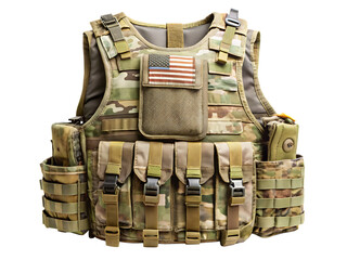 Military tactical vest with camouflage, pouches, and US flag detail combat vest isolated on a transparent background