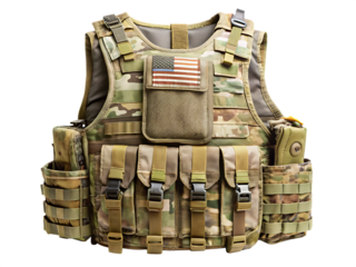 Military tactical vest with camouflage, pouches, and US flag detail combat vest isolated on a transparent background