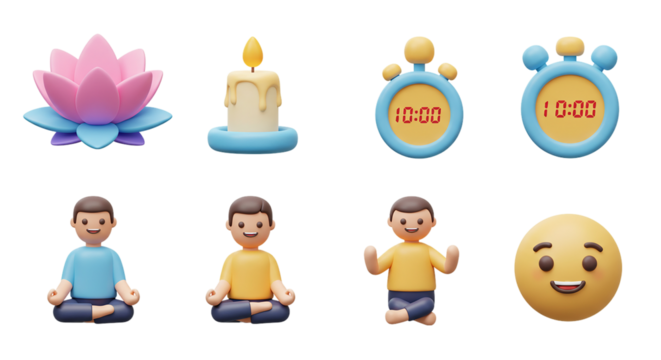 Cute 3D Yoga and Relaxation Icon Set: Lotus Flower, Dripping Wax Candle, Digital Timer, and Person in Meditation Poses