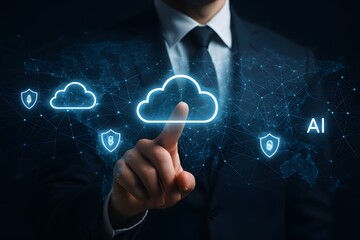 Businessman interacts with a digital cloud computing interface, showcasing AI and data security.