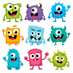 Set of cute cartoon monster characters. Funny happy alien or gremlin collection