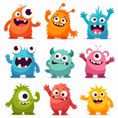 Set of cute cartoon monster characters. Funny happy alien or gremlin collection
