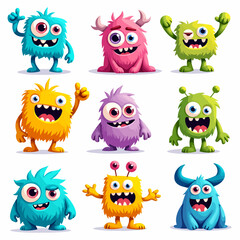 Set of cute cartoon Vector monster characters. Funny happy alien or gremlin collection