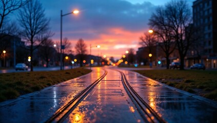 Fototapeta premium Evening Cityscape Featuring Tram Tracks Reflecting Streetlights Under A Colorful Twilight Sky After