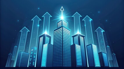 Obraz premium Futuristic glowing blue skyscrapers with upward arrows symbolizing growth and success in a modern city