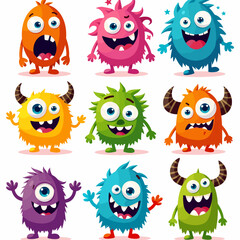 Set of cute cartoon monster characters. Funny happy alien or gremlin collection