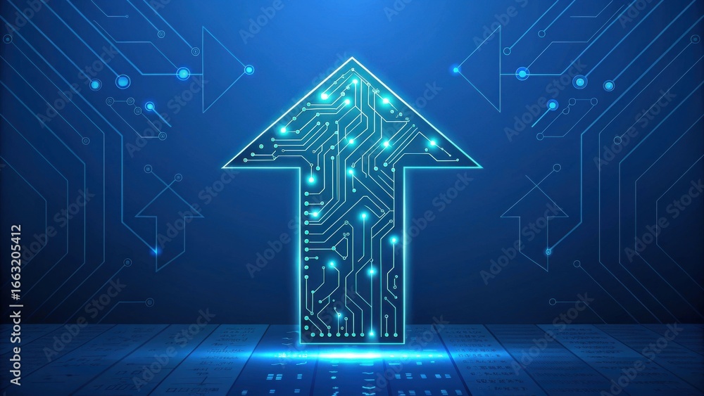 Aufkleber digital technology arrow pointing upwards made of glowing circuit board lines on a futuristic blue b